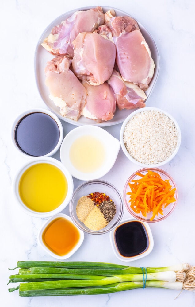 Japanese BBQ chicken and rice ingredients laid out - raw chicken thighs, rice, soy sauce, mirin, oils, spices, and green onions