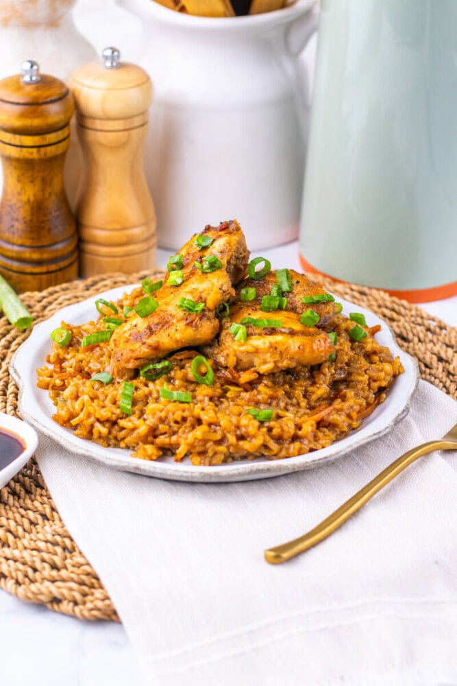 Japanese BBQ chicken and fried rice plated on white dish garnished with green onions