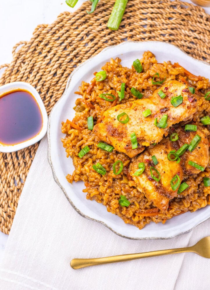 Japanese BBQ chicken and fried rice plated on white dish with scallion garnish and dipping sauce