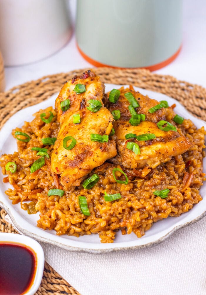 Japanese BBQ chicken and rice with green onions and sauce on white plate
