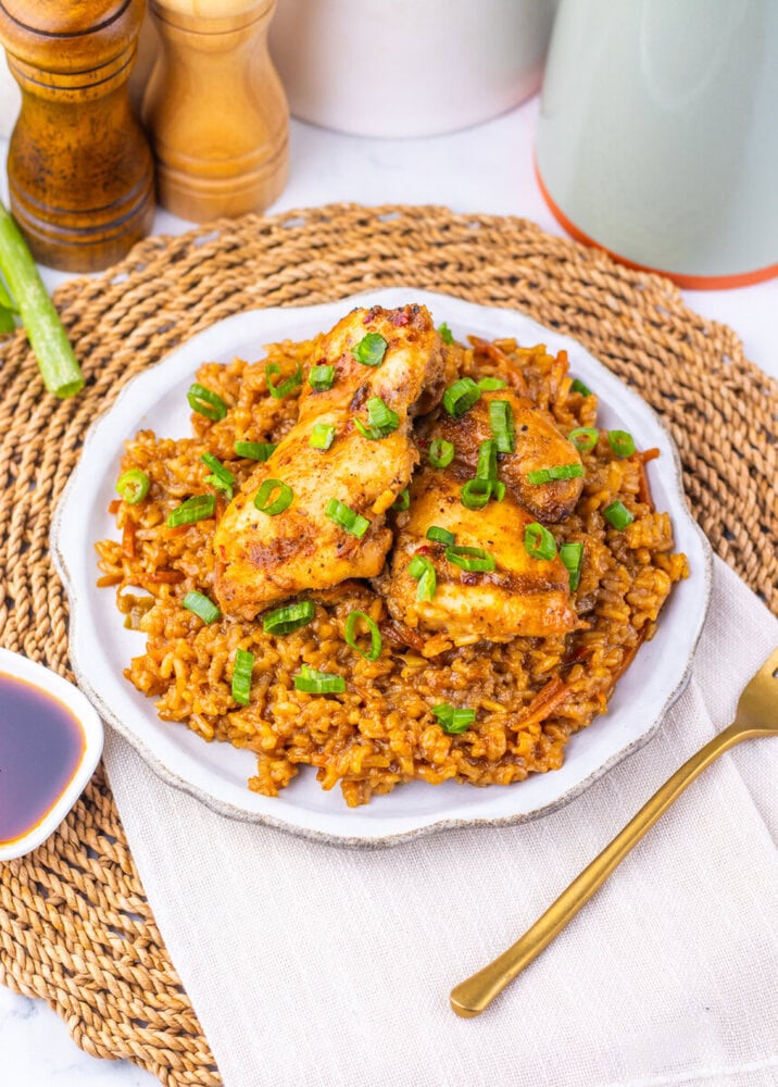 Japanese BBQ chicken and fried rice with green onion garnish, plated and ready to serve