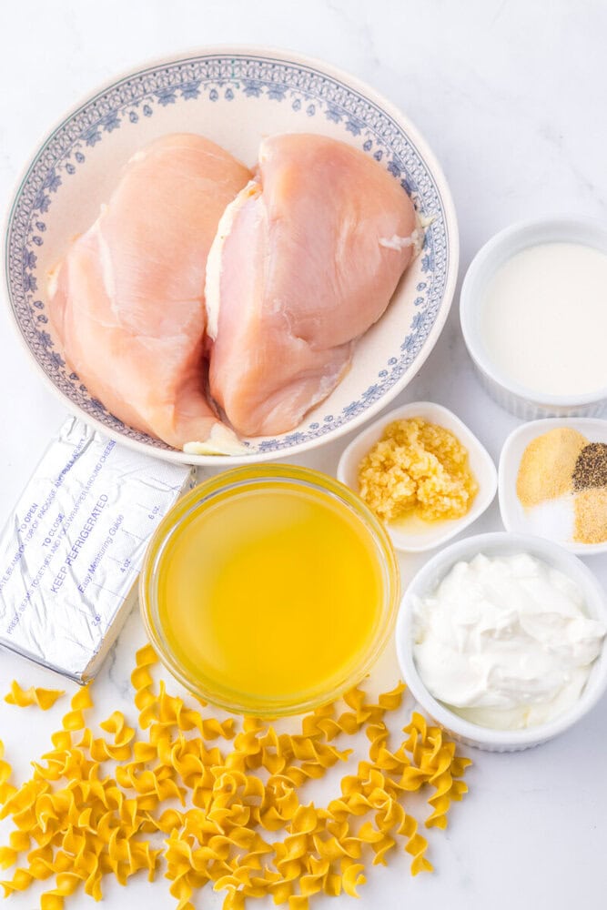Slow cooker creamy garlic chicken and noodles ingredients laid out including raw chicken breasts, olive oil, garlic, pasta, and seasonings