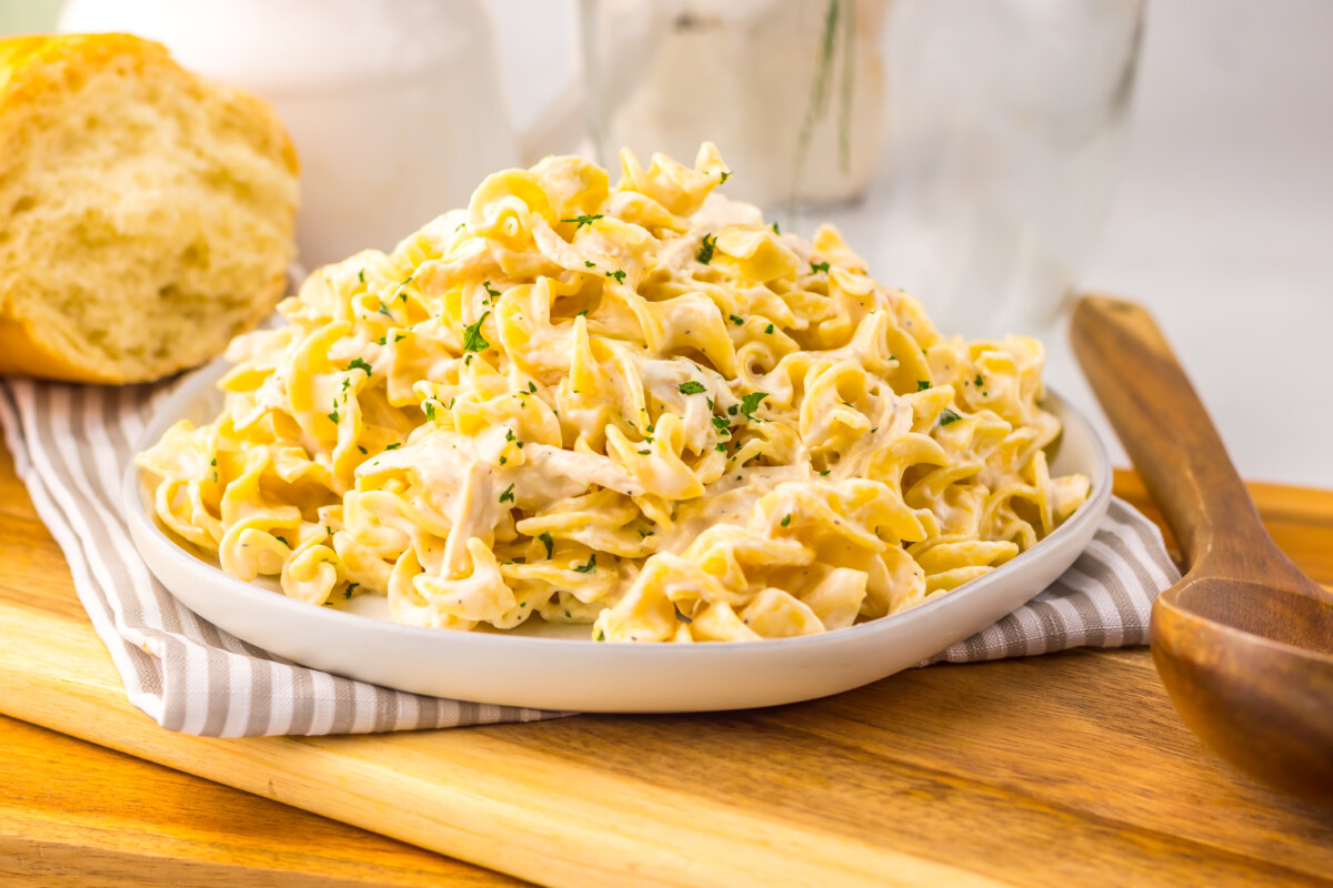 Slow Cooker Creamy Garlic Chicken and Noodles