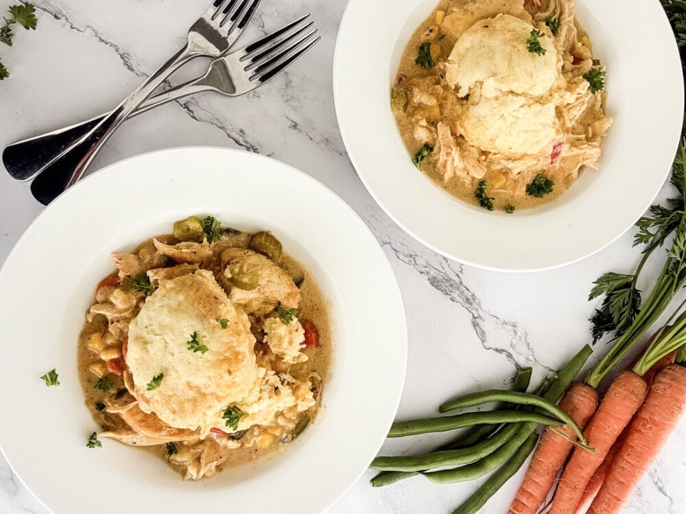 Slow Cooker Homemade Chicken & Veggie Biscuit Bake