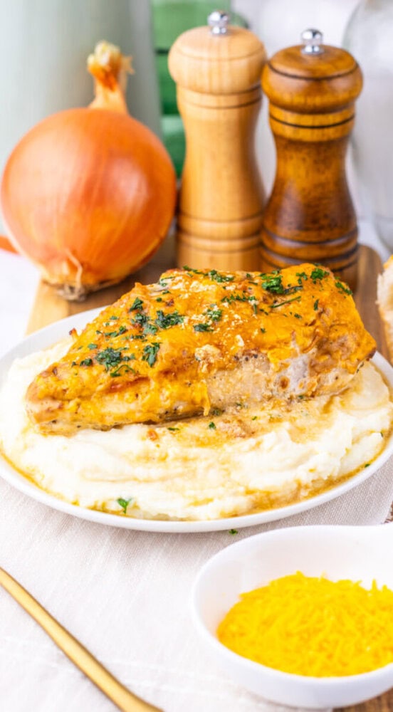 Sour cream and onion chicken breast plated on mashed potatoes with herb garnish