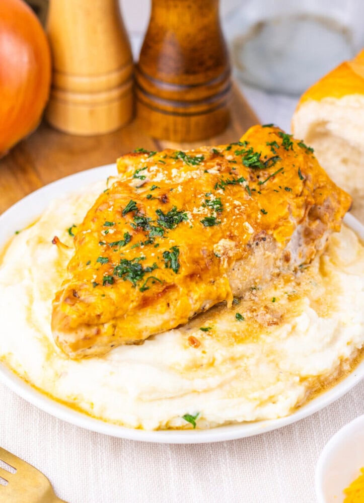 Sour cream and onion chicken breast on mashed potatoes garnished with fresh herbs