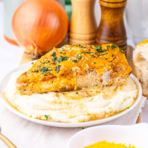 Sour cream and onion chicken breast plated on mashed potatoes with herb garnish