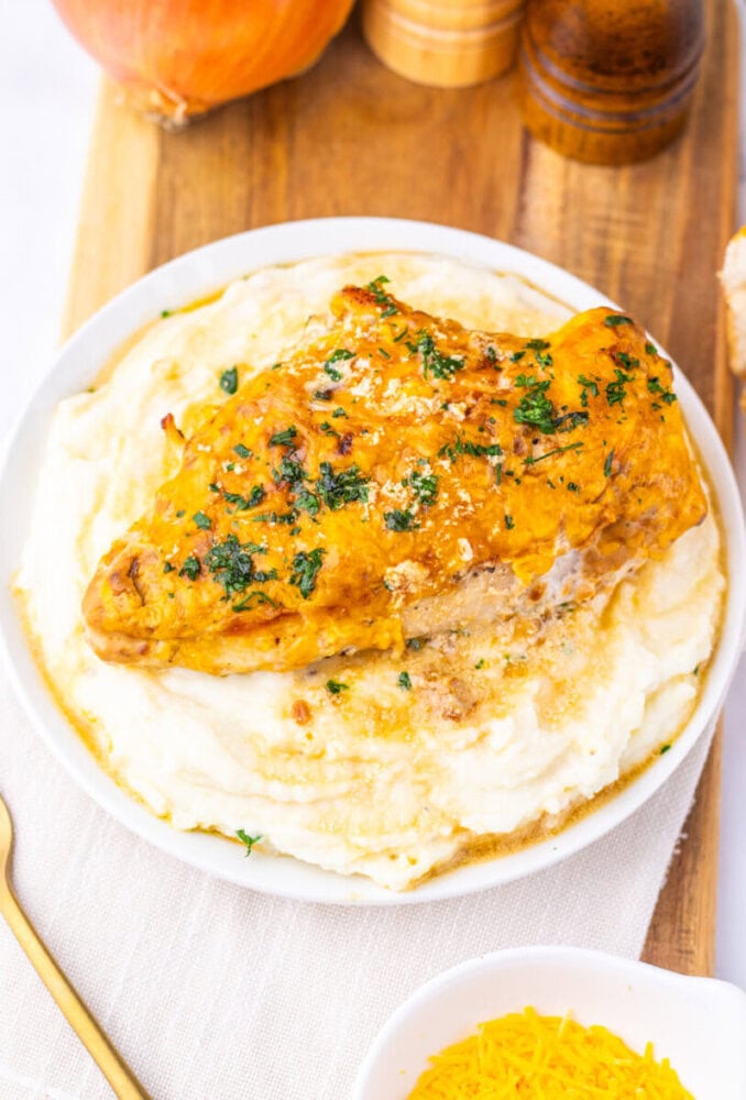 Sour cream and onion chicken breast with mashed potatoes and fresh herb garnish