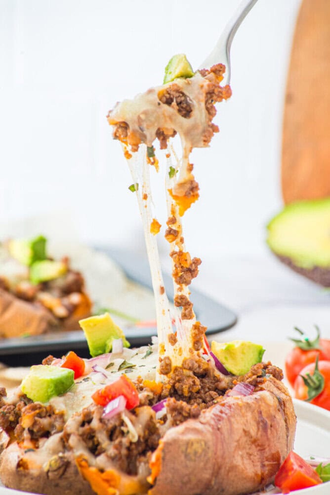 Stuffed sweet potato with ground beef, melted cheese, avocado and fresh garnishes being lifted on a fork