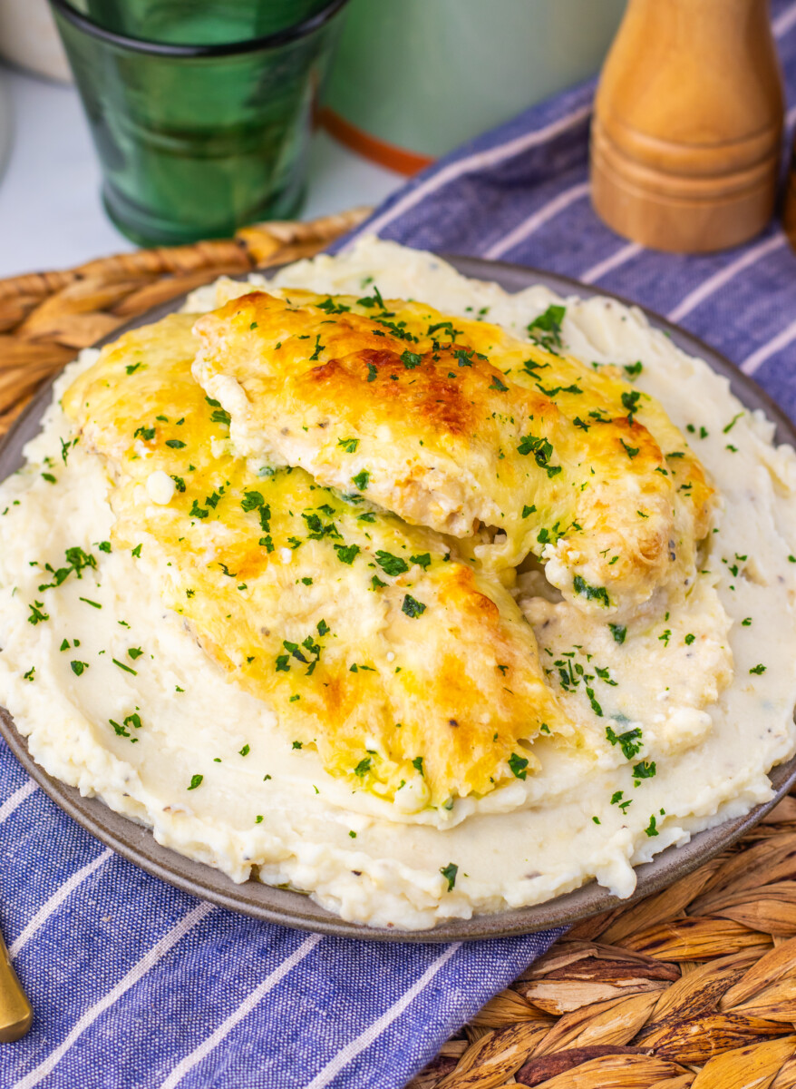 Creamy Chicken Caesar Bake with golden chicken and mashed potatoes garnished with parsley