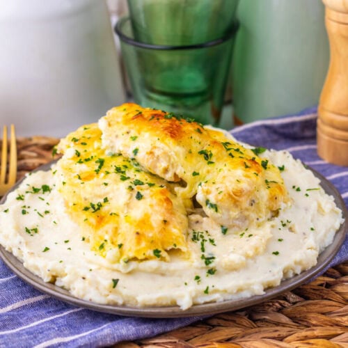 Creamy Chicken Caesar Bake with golden baked chicken on mashed potatoes garnished with parsley