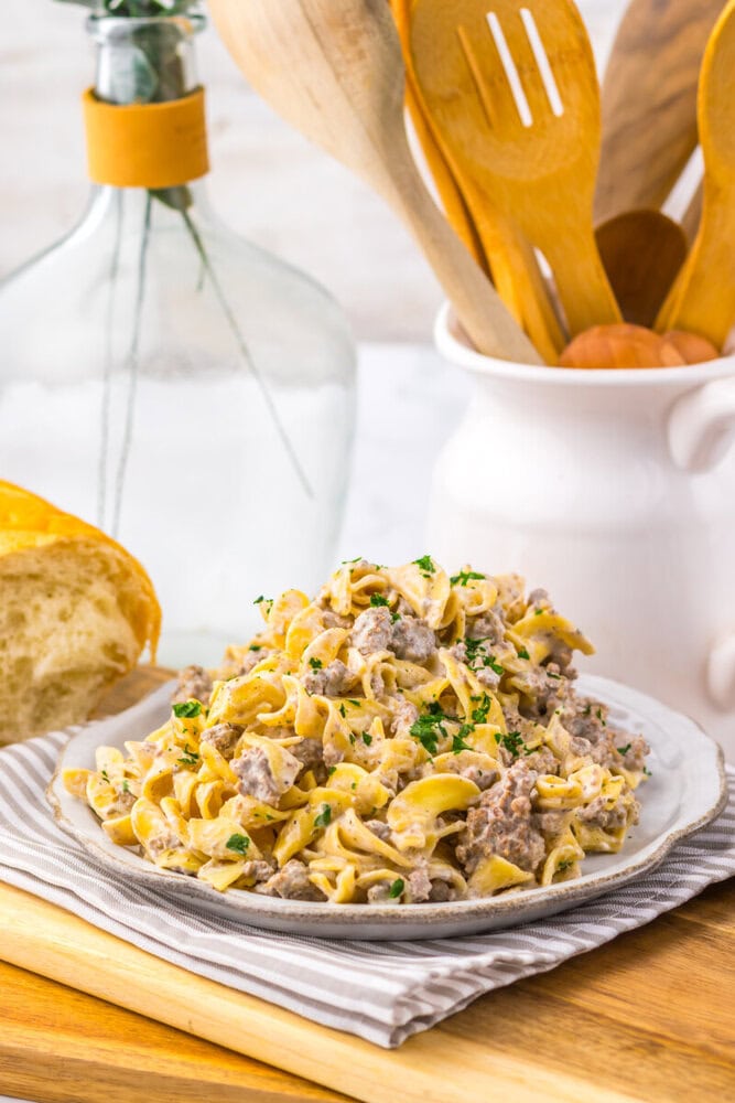 Creamy ranch beef and noodles slow cooker recipe plated and ready to serve