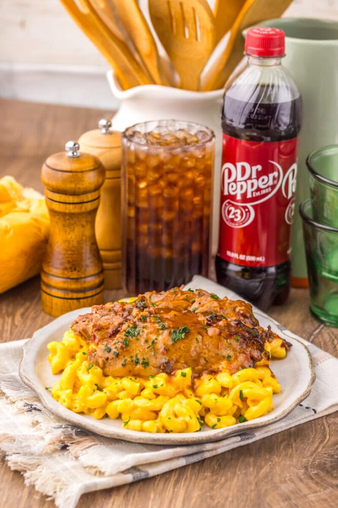 Slow cooker Dr Pepper BBQ brisket with waffle fries plated and ready to serve