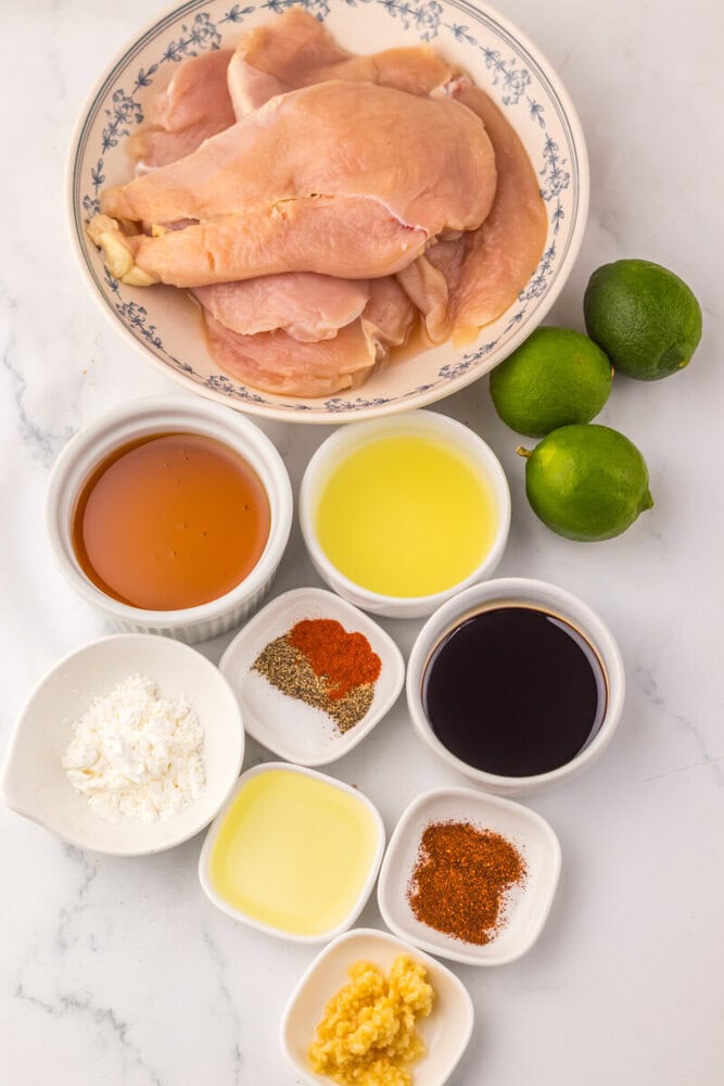 Slow cooker honey lime chicken ingredients laid out: raw chicken breasts, fresh limes, honey, soy sauce, oil, garlic, and spices in small bowls