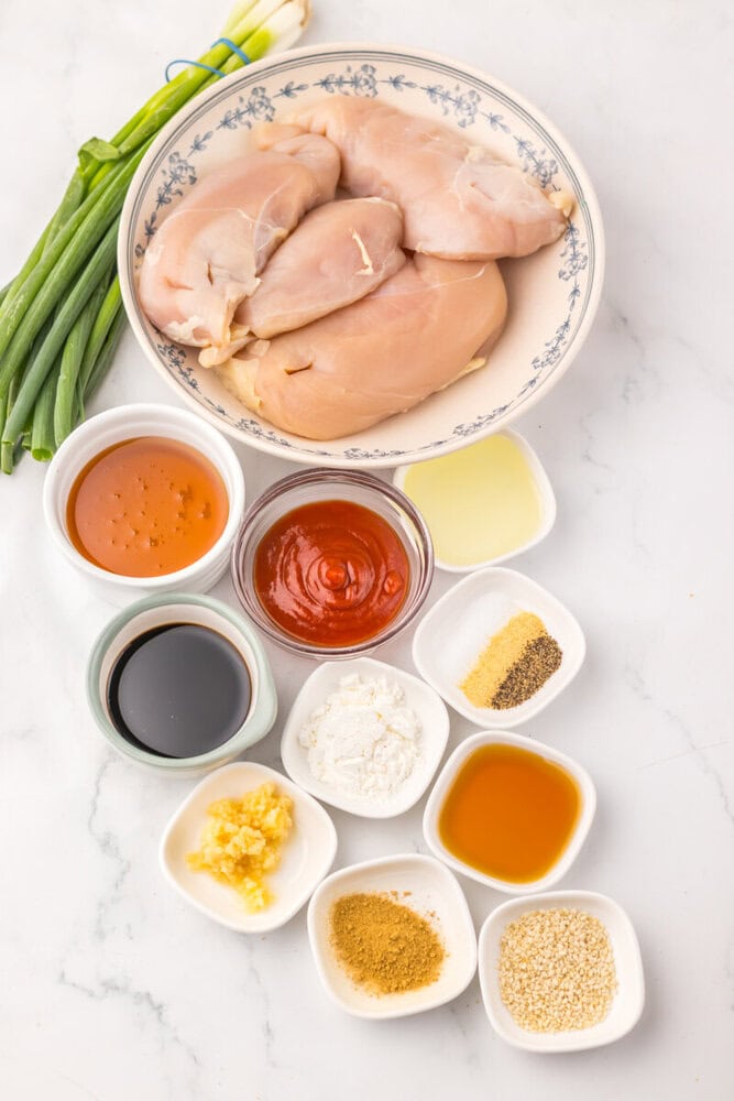 Slow cooker honey sesame chicken ingredients including raw chicken breasts, soy sauce, ketchup, honey, garlic, ginger, and sesame seeds