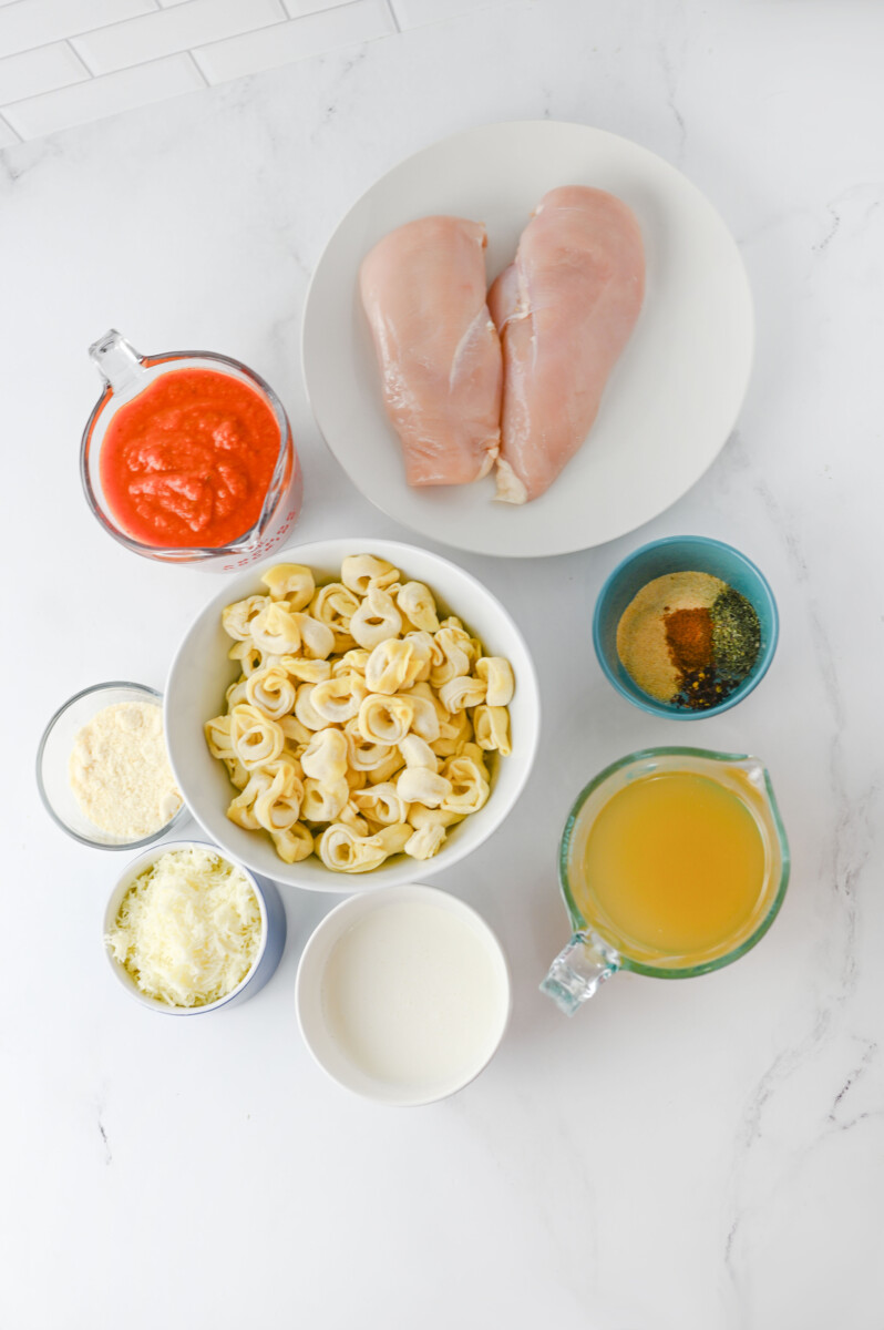 Crock pot chicken tortellini ingredients laid out flat including raw chicken breasts, tortellini pasta, marinara sauce, and seasonings