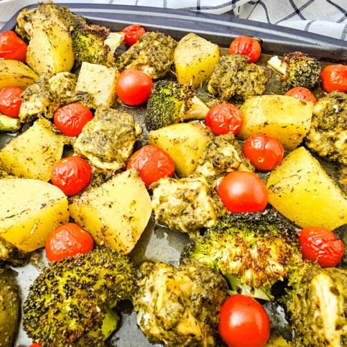 Sheet pan pesto chicken with roasted potatoes and cherry tomatoes