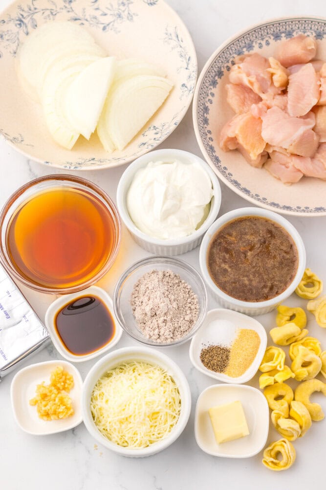 Ingredients for slow cooker French onion chicken tortellini including raw chicken, onions, tortellini, cheese, and seasonings laid out on white background