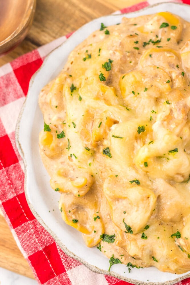 Slow cooker French onion chicken tortellini with creamy sauce and parsley garnish on white plate