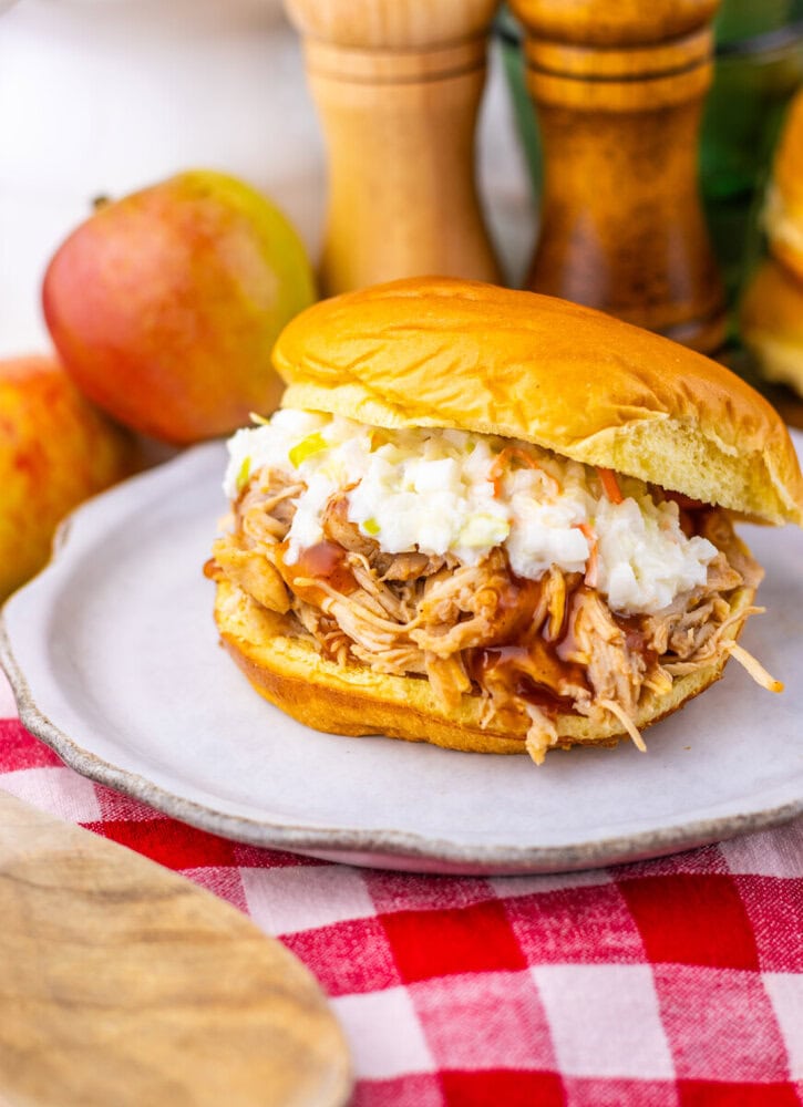 Apple cider BBQ pulled chicken sandwich with coleslaw on a golden bun, served on a white plate with fresh apples in the background