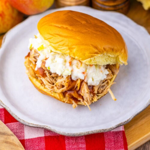 Apple cider BBQ pulled chicken sandwich with coleslaw on brioche bun, plated and ready to serve