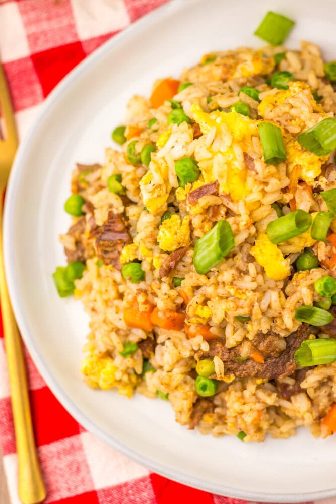Slow cooker beef fried rice plated with vegetables and green onions