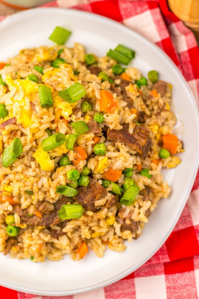 Slow cooker beef fried rice with vegetables and green onion garnish on white plate