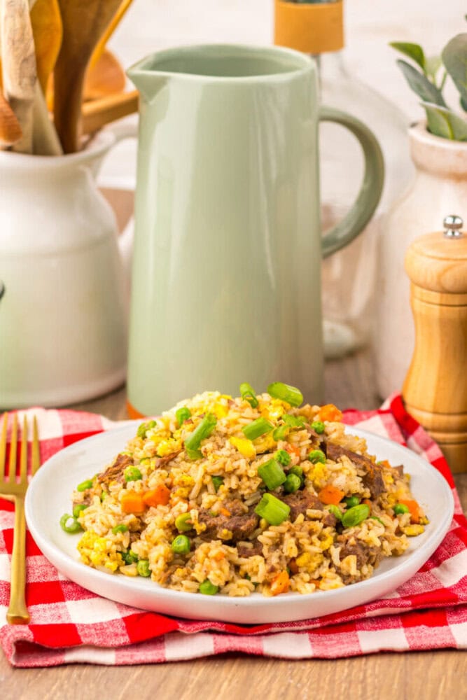Slow cooker beef fried rice plated on white dish with green onions and mixed vegetables