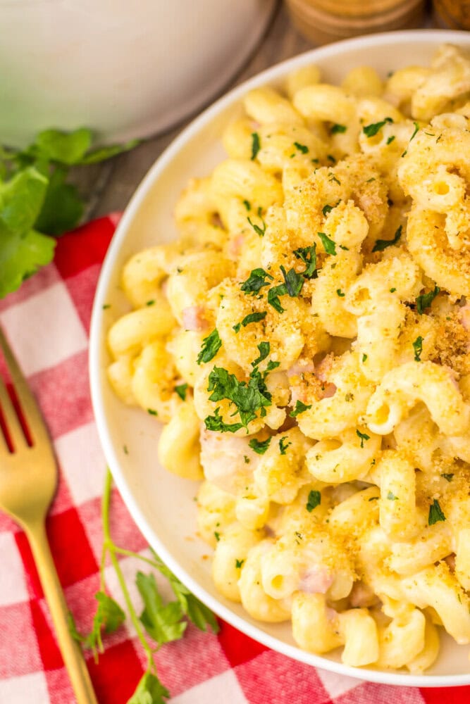 Slow Cooker Chicken Cordon Bleu Pasta in white bowl with parsley garnish and black pepper