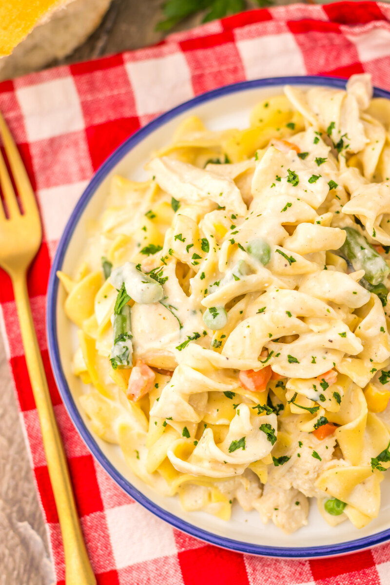 Slow cooker chicken pot pie pasta with creamy sauce and fresh herbs on checkered tablecloth