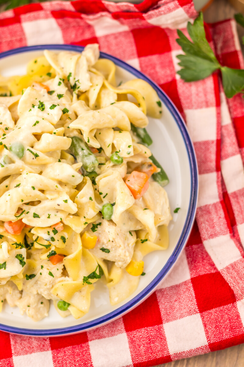 Slow cooker chicken pot pie pasta with cream sauce, vegetables, and fresh parsley garnish on checkered towel