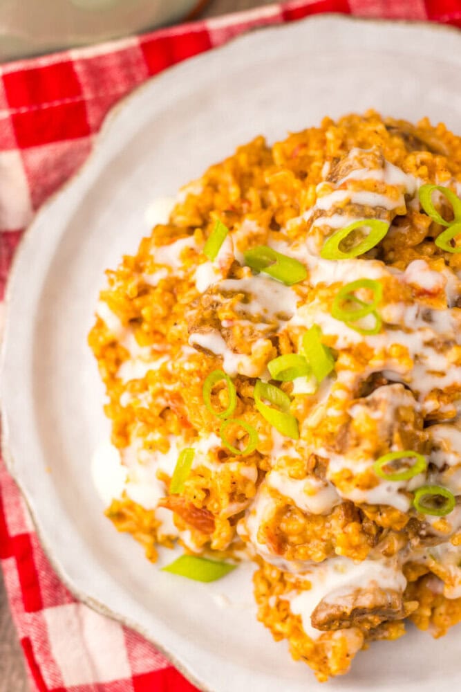 Slow cooker queso steak and rice topped with white cheese sauce and sliced green onions on a white plate