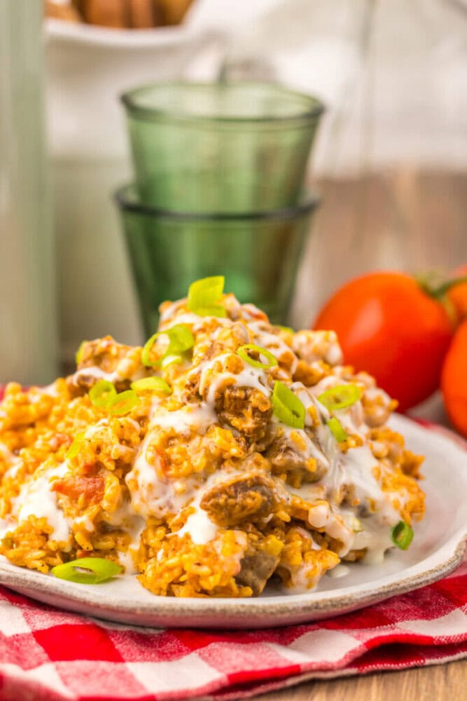 Slow cooker queso steak and rice plated with white cheese sauce and green onion garnish