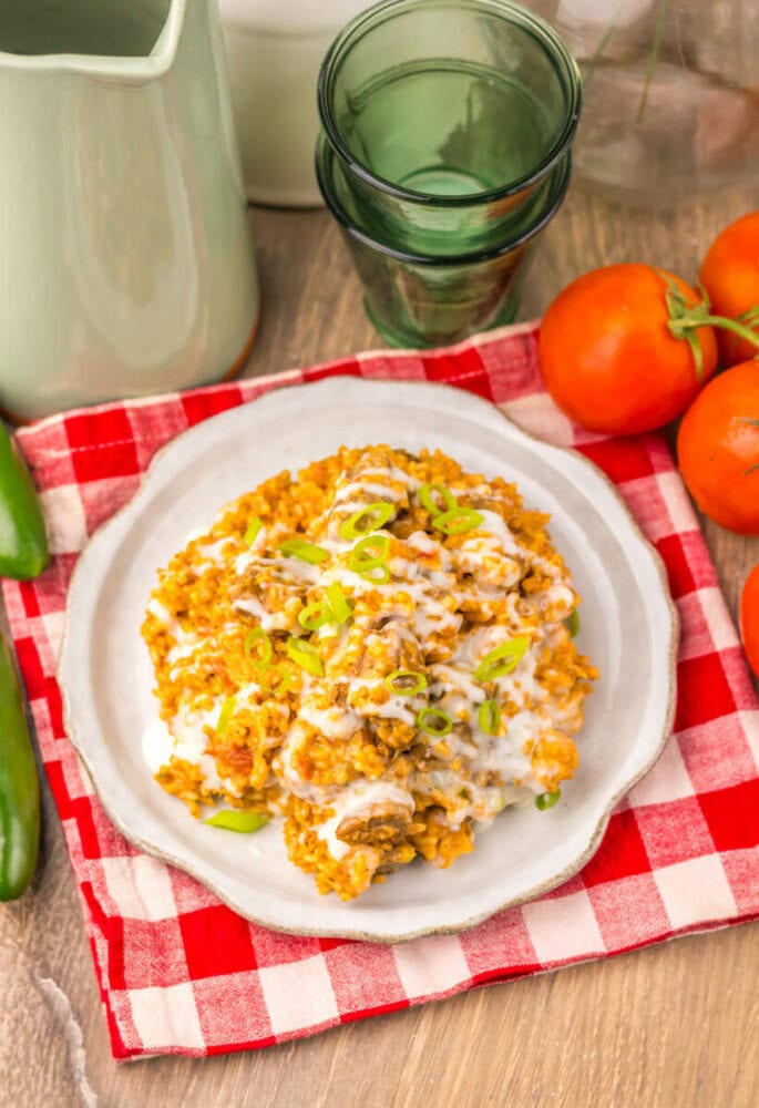 Slow cooker queso steak and rice topped with sour cream and green onions on white plate