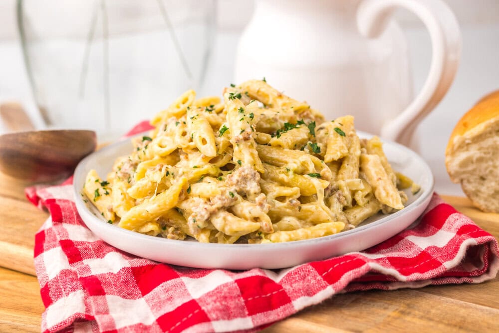 Slow Cooker Sausage Boursin Pasta