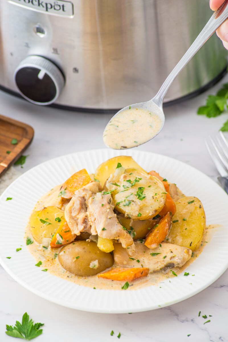 Creamy slow cooker chicken and potatoes plated with sauce being spooned over top, garnished with parsley