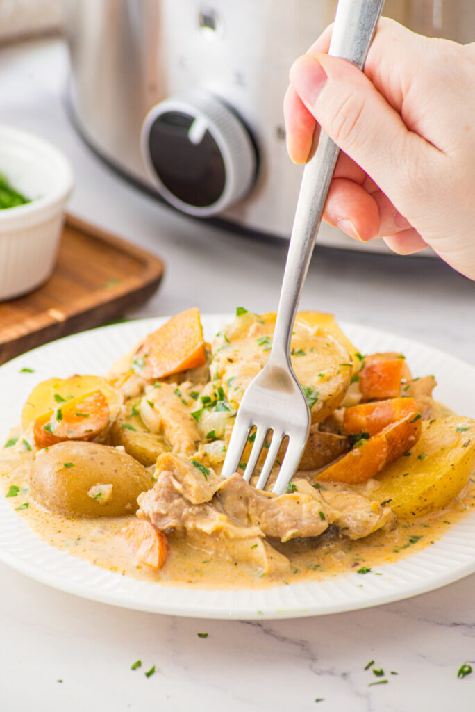 Creamy slow cooker chicken and potatoes plated on white dish with fork, garnished with parsley