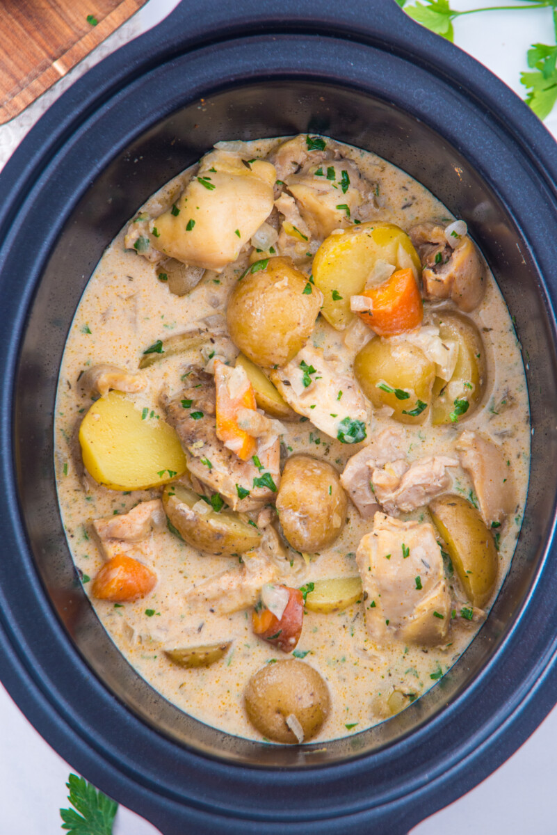 Creamy slow cooker chicken and potatoes with mushrooms and carrots garnished with parsley