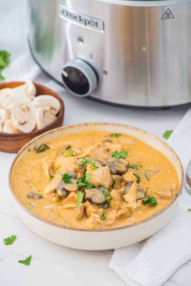 Slow cooker chicken stroganoff with creamy mushrooms and parsley garnish in white bowl