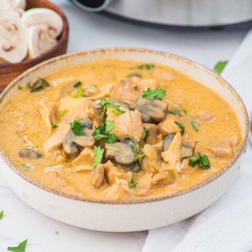 Slow cooker chicken stroganoff with creamy mushroom sauce and fresh parsley in a bowl