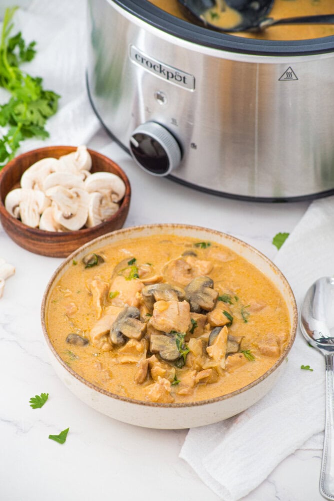 Slow cooker chicken stroganoff with mushrooms and creamy sauce in a bowl with Crockpot and cashews