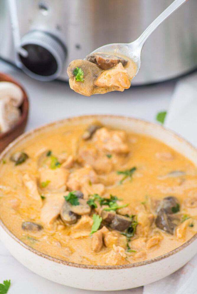 Slow cooker chicken stroganoff with creamy sauce, mushrooms, and fresh parsley garnish