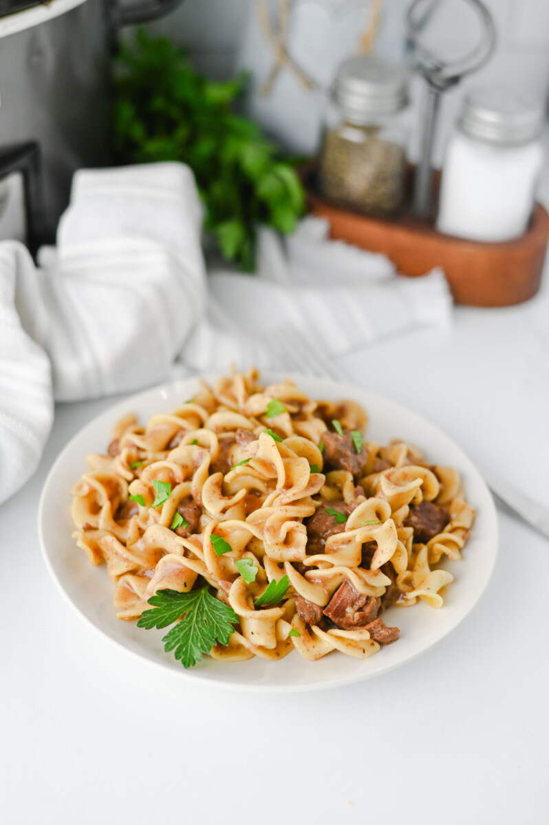 Crockpot beef and noodles served on white plate with green onion and parsley garnish