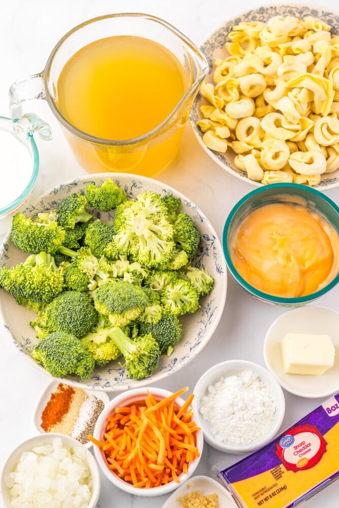 Slow cooker broccoli cheddar tortellini soup ingredients laid out before cooking including broccoli, pasta, broth, and cheese sauce