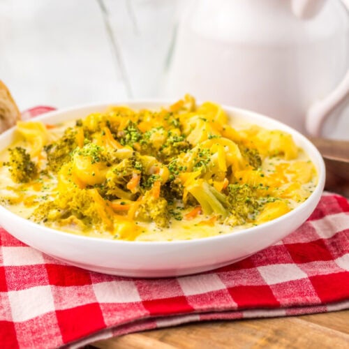 Slow cooker broccoli cheddar tortellini soup in white bowl with fresh herb garnish and crusty bread