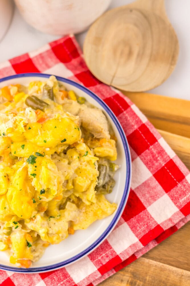 Slow cooker chicken and dumplings pot pie served in a bowl with fresh herbs garnish