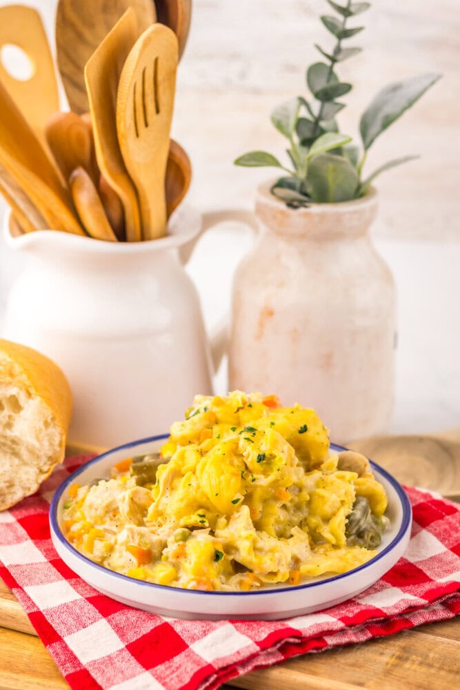Slow cooker chicken and dumplings pot pie served on plate with herbs garnish and rustic kitchen decor background