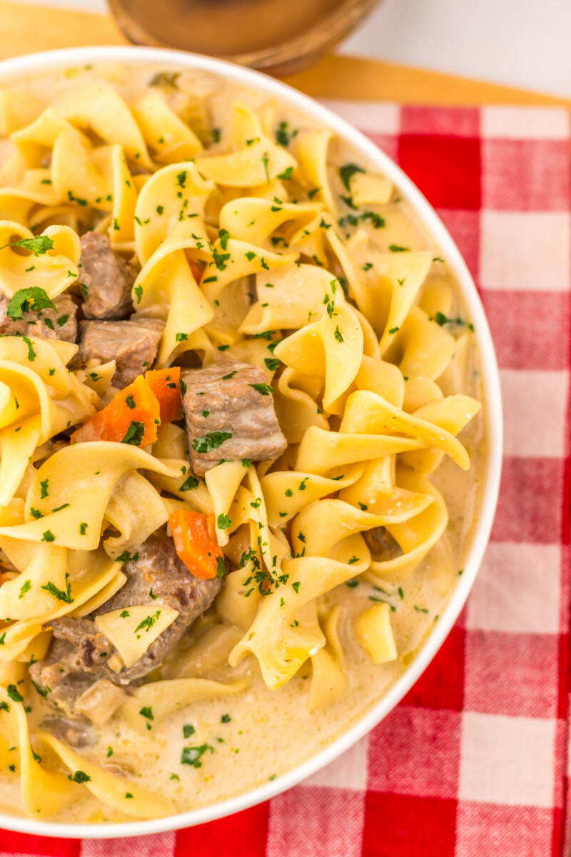 Slow cooker creamy beef noodle soup with egg noodles and tender beef in a white bowl on checkered cloth
