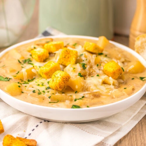 Slow cooker French onion potato soup with golden croutons and chives in white bowl, served with bread
