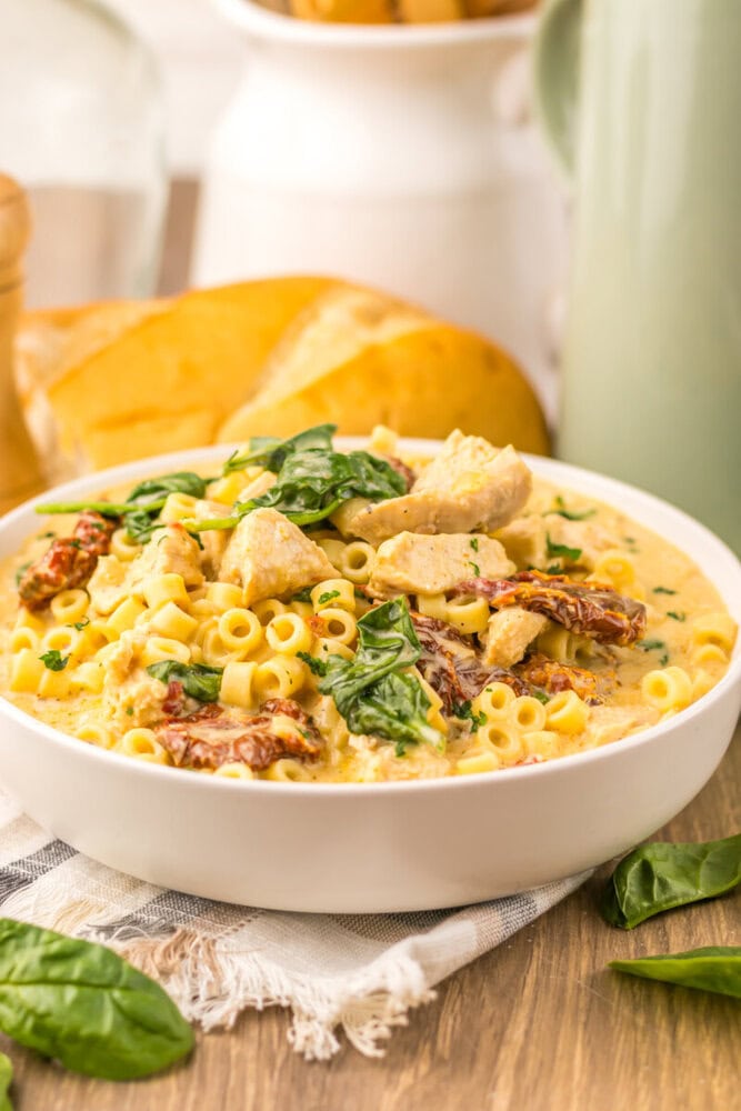 Slow cooker marry me chicken soup with ditalini pasta, chicken pieces, sun-dried tomatoes, and fresh basil in creamy broth